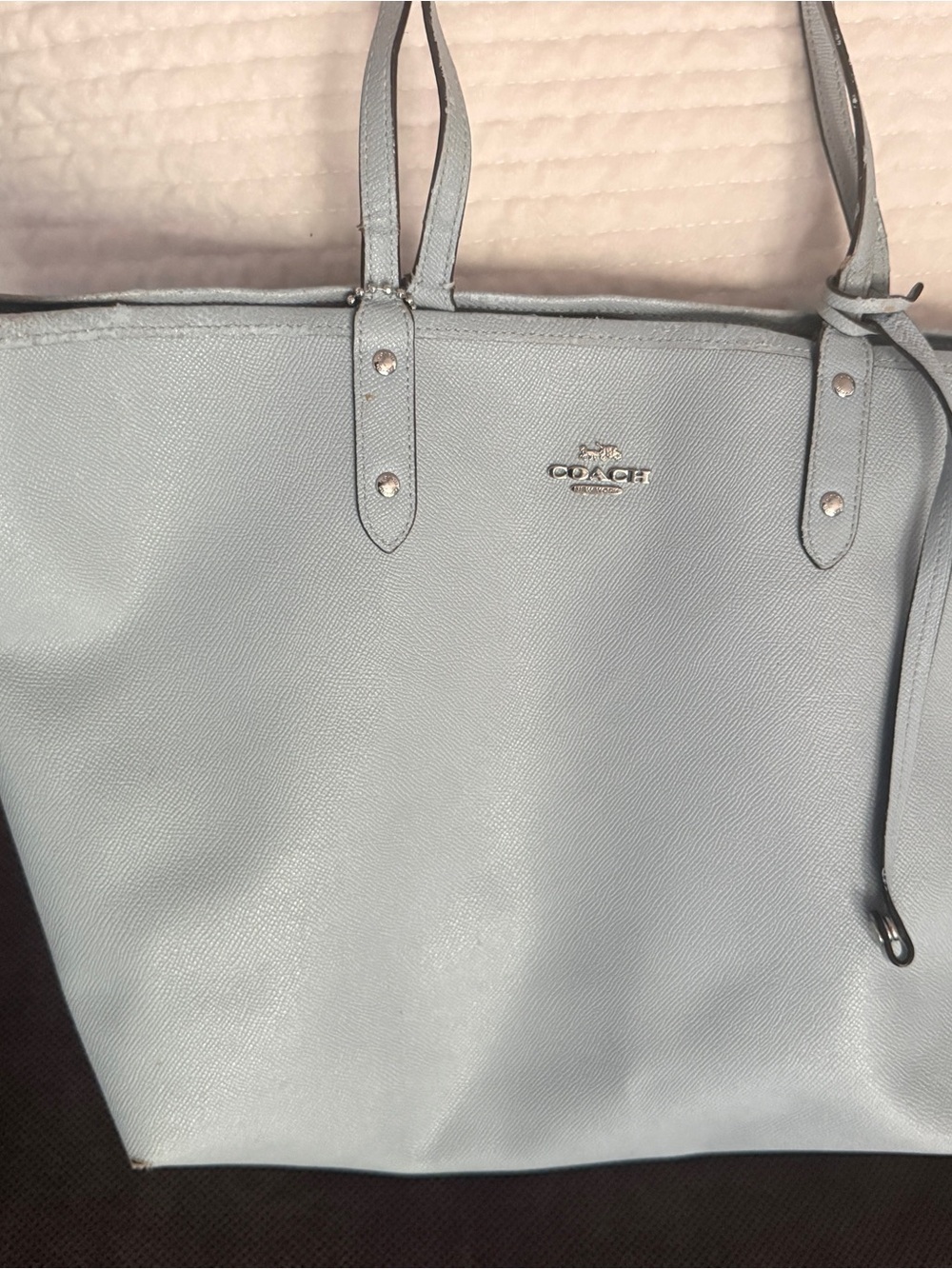 Coach Blue Pebbled Tote Open Closure Silver Hardware Signature Lining Charm